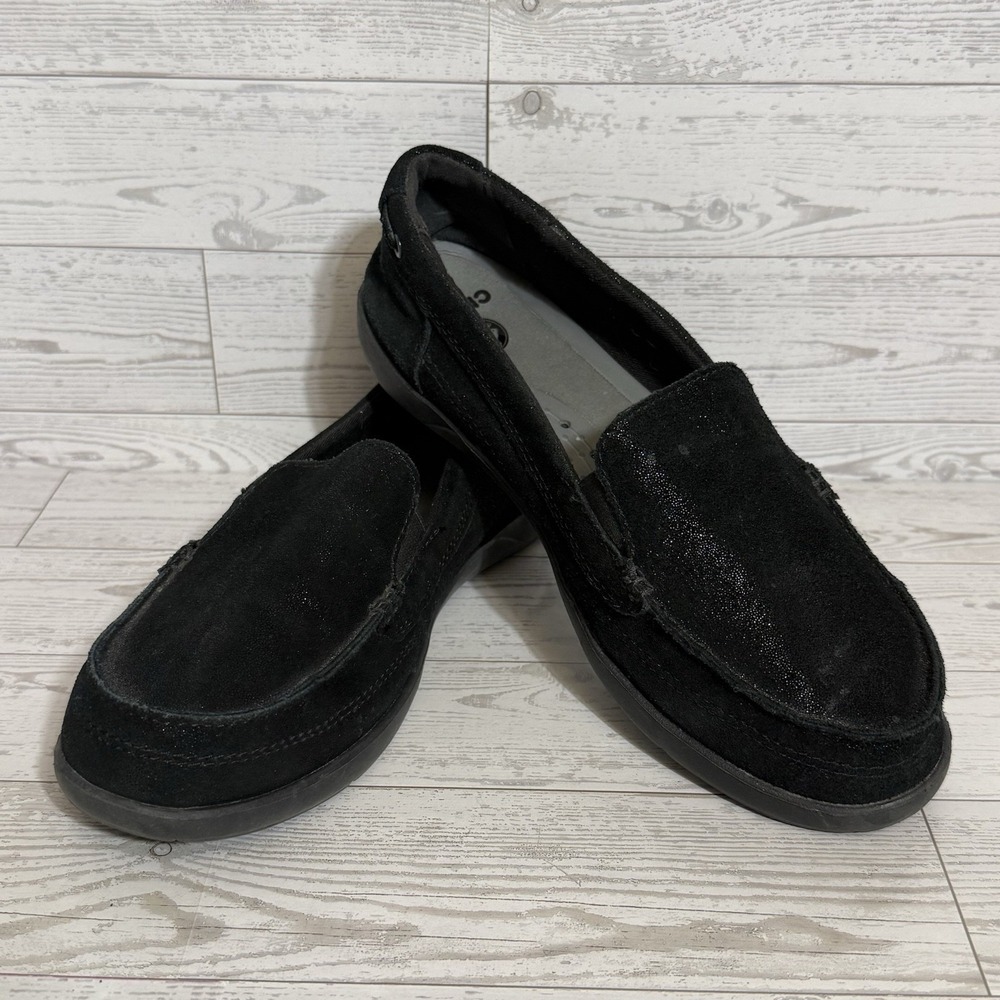 Crocs Walu Shoes Women Sz 8 Shimmer Black Leather Slip On Loafers Flats 202303